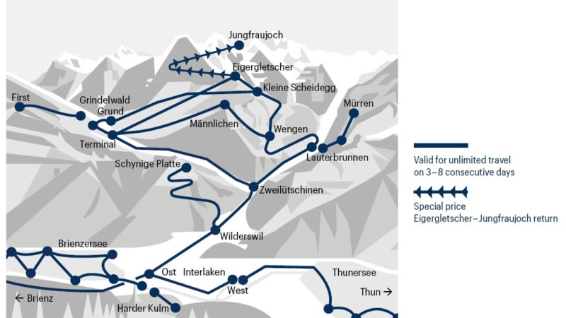 Map showing area of validity of Jungfrau Travel Pass