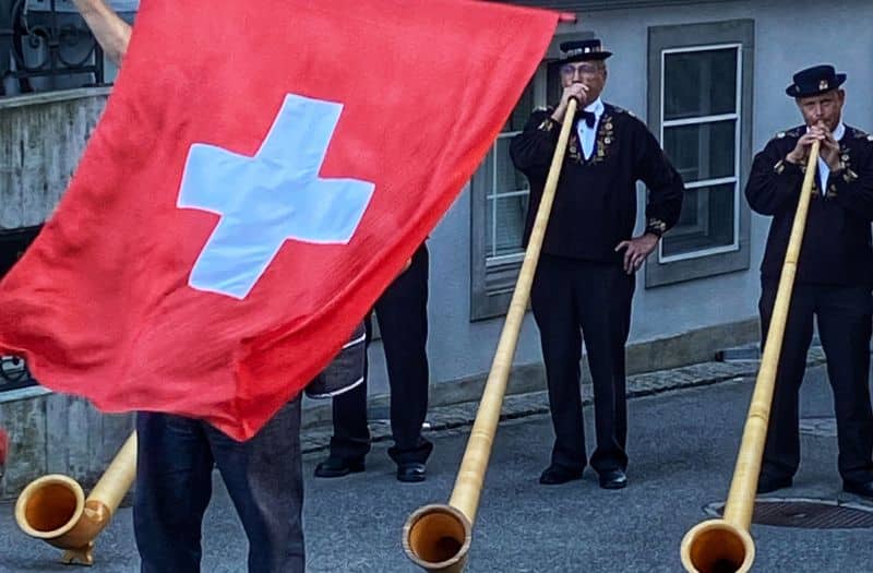 Alphorn players at festival in Appenzell, Switzerland.