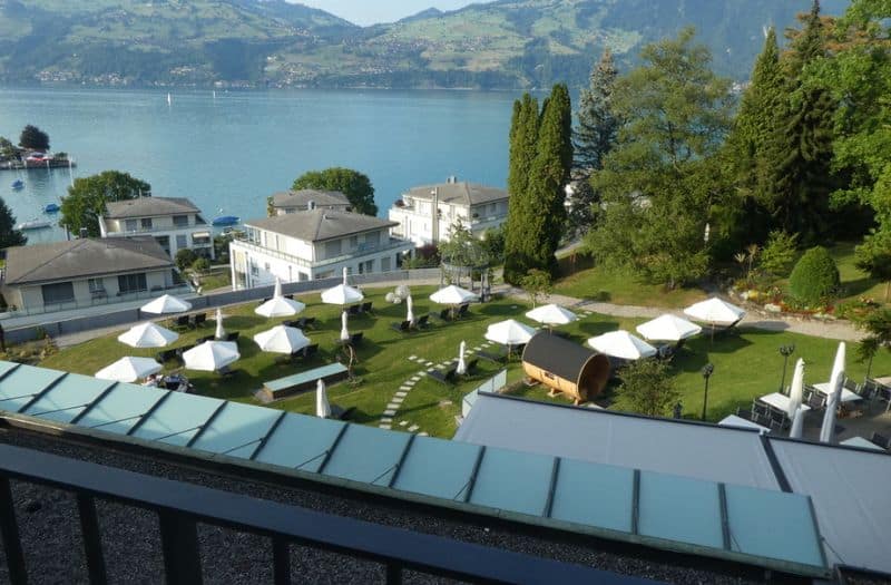 View of Lake Thun from the balcony of a room at Belvedere Strandhotel in Spiez Switzerland