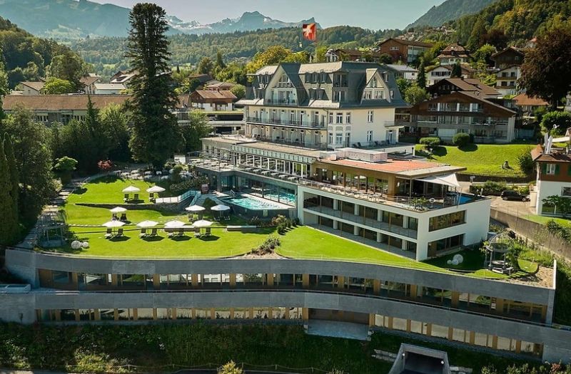 Aerial view of Belvédère Strandhotel in Spiez, Switzerland.