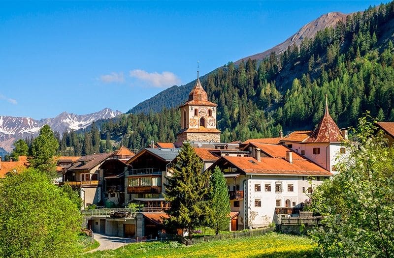 Village of Bergün with mountain backdrop