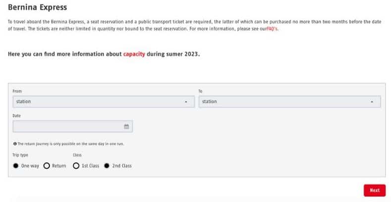 Bernina Express seat reservation booking instructions