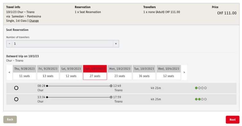 Bernina Express seat reservation booking instructions