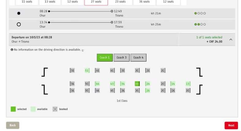 Bernina Express seat reservation booking instructions