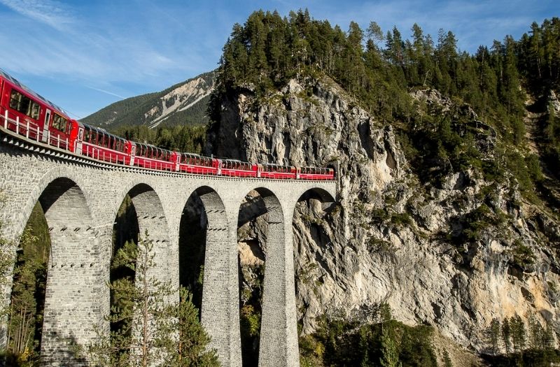 The Bernina Express train crossing the Landwasser Viaduct.