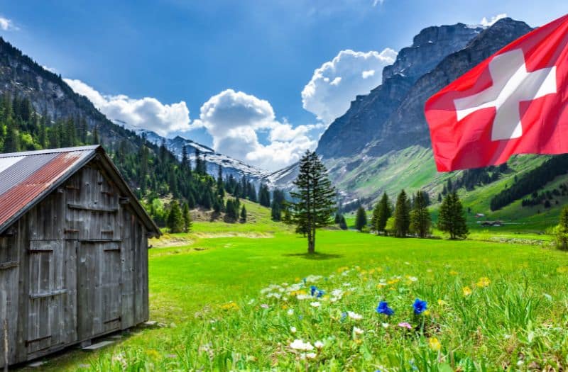 Wooden hut and Swiss flag in a meadow with mountain backdrop