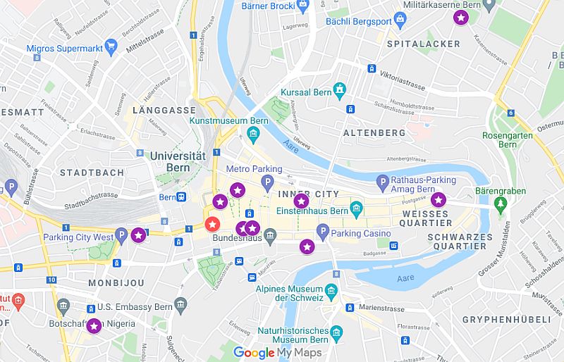 Map showing location of hotels in Bern, Switzerland featured in this article