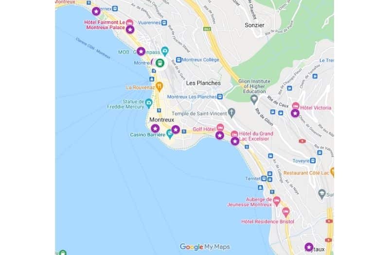 Map showing location of hotels in Montreux, Switzerland featured in this article