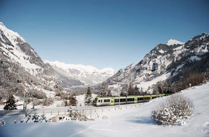 BLS RegioExpress Lotschberger near Kandersteg in winter.