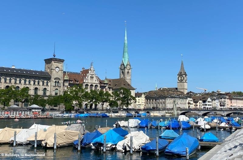 Boats on Limmat River in Zurich