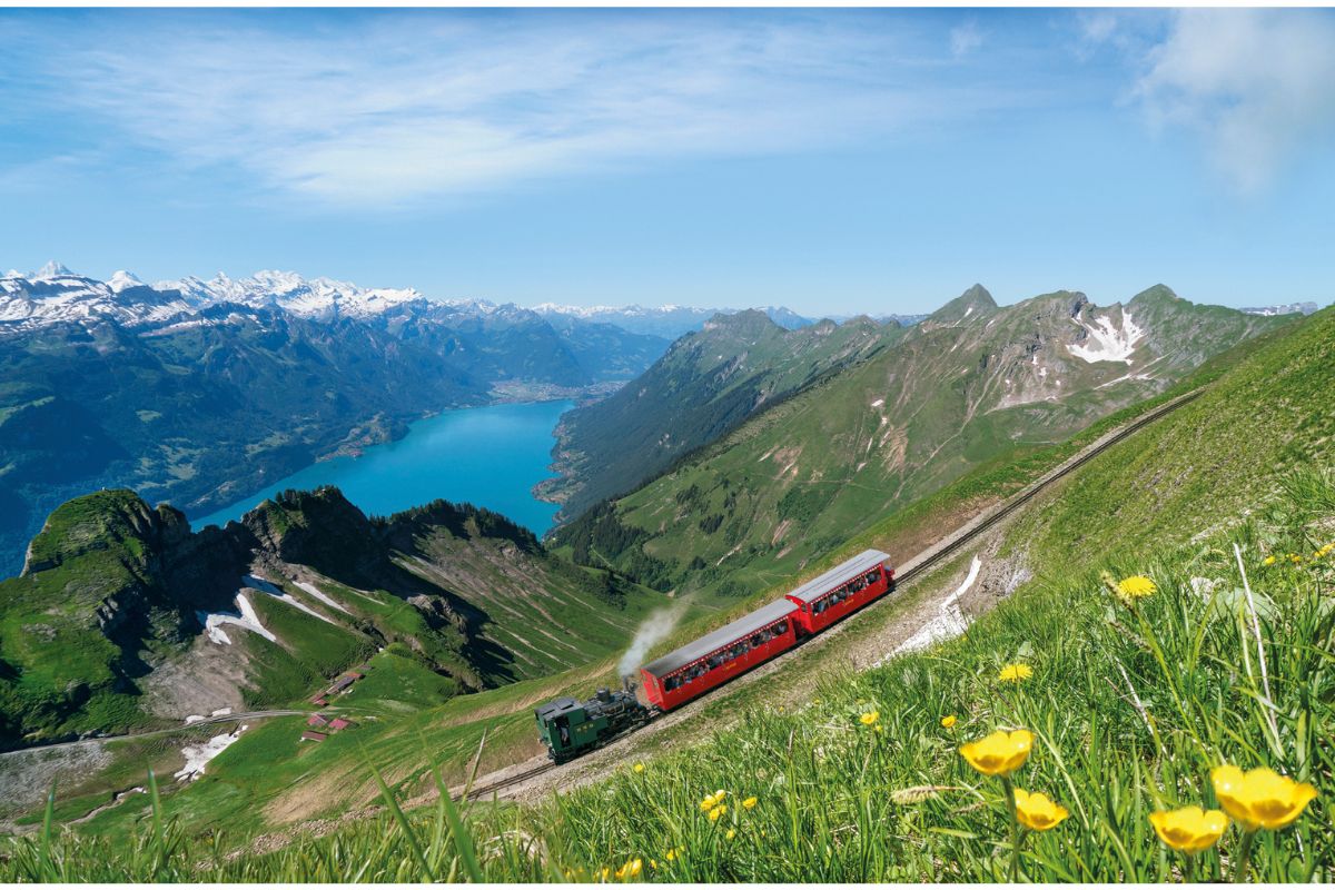 Brienz Rothorn steam train with view to Lake Brienz and the Swiss Alps