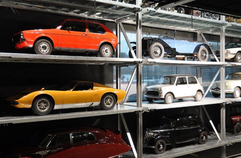 A display of cars at the Swiss Museum of Transport in Lucerne, Switzerland.