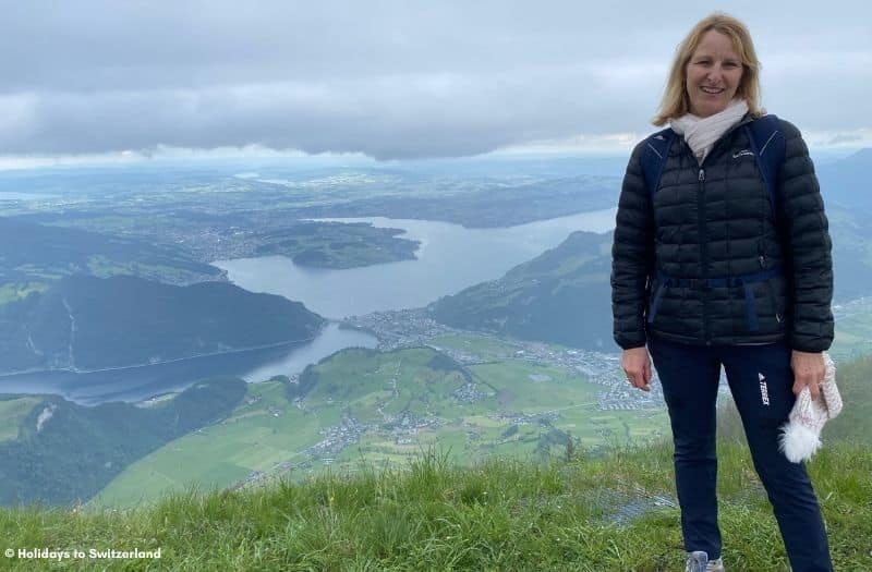 Woman at Mt. Stanserhorn with Lake Lucerne in the background.