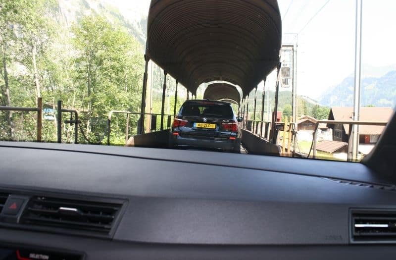 Car loaded onto a train to travel through the Lötschberg Tunnel in Switzerland