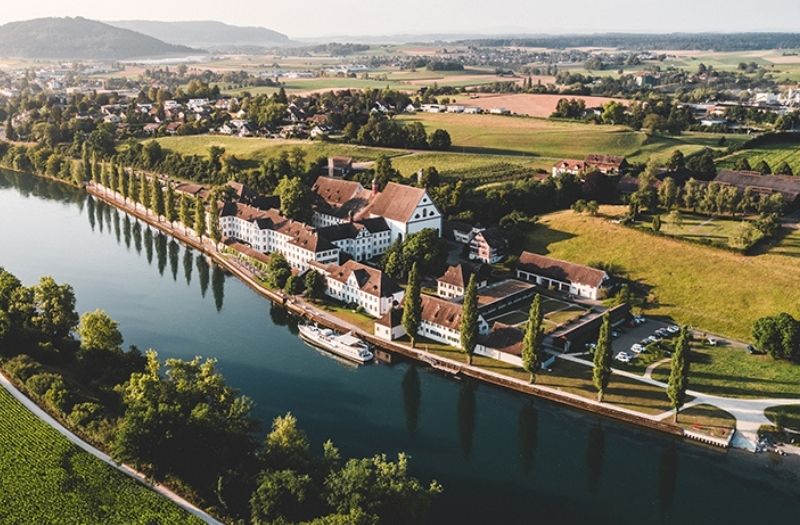 Aerial view of Diessenhofen and the Rhine River in Switzerland