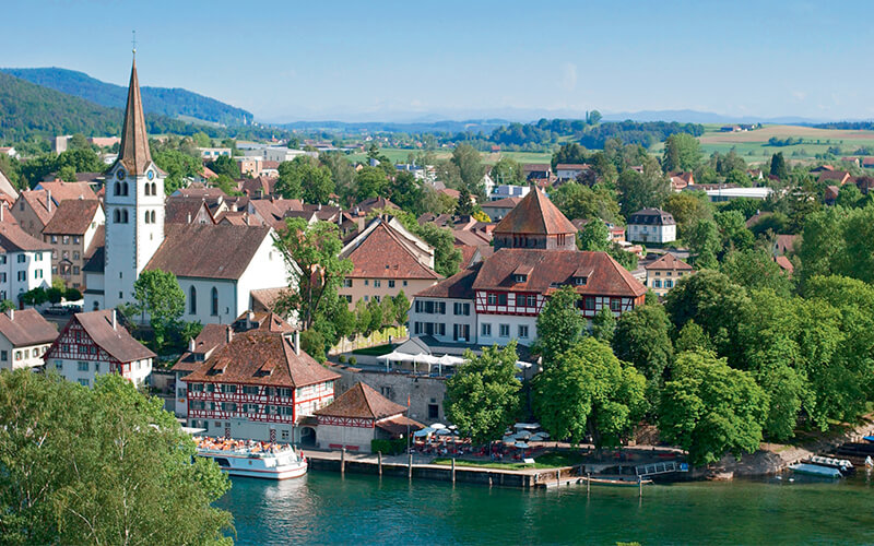 Historic buildings in Diessenhofen Switzerland beside the Rhine River