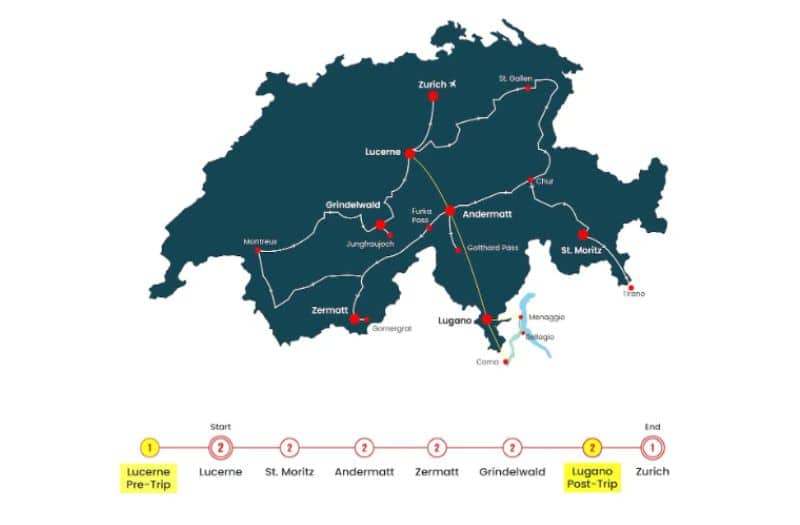 Echo Rails and Trails 12 day Swiss Alps Grand Train Tour map