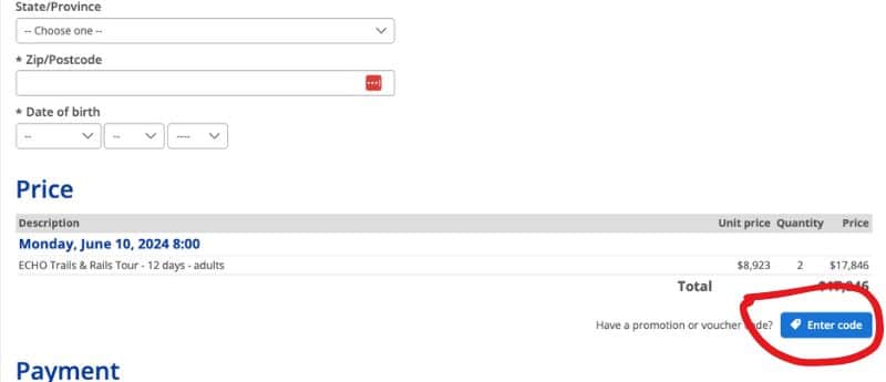 Image showing where to enter the promo code on Echo Rails and Trails booking page