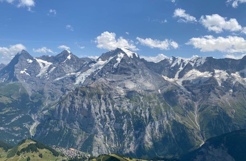 The view of Eiger, Mönch and Jungfrau are superb from the Schilthorn's Birg intermediate station. You can also see the village of Mürren.