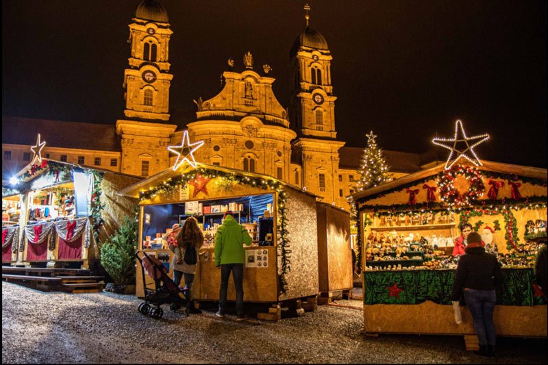 Wooden stalls at the Einsiedeln Christmas market 