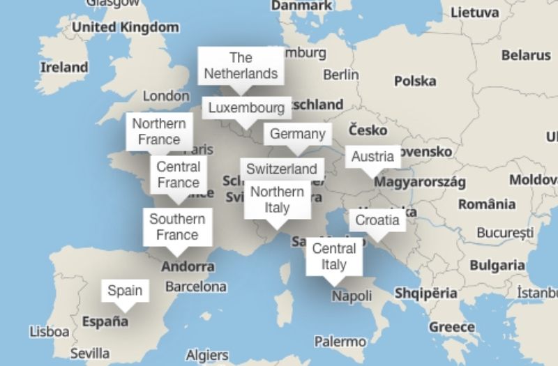 Map showing location of Eurocamp holiday parcs.