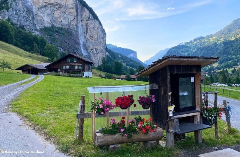 Farm shop near Lauterbrunnen with a view to the Staubbach Falls