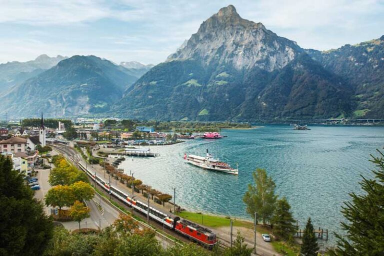 Gotthard Panorama Express train and paddle steamer on Lake Lucerne