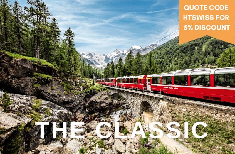 Image of Bernina Express train and promoting 5% discount of Switzerland scenic rail packages