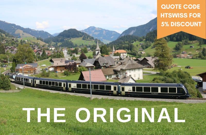 Image of GoldenPass Express train and promoting 5% discount of Switzerland scenic rail packages