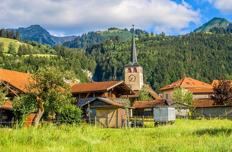 View toward the village of Grandvillard Switzerland