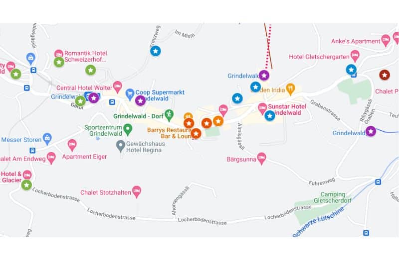 Map showing location of Grindelwald hotels mentioned in this article.