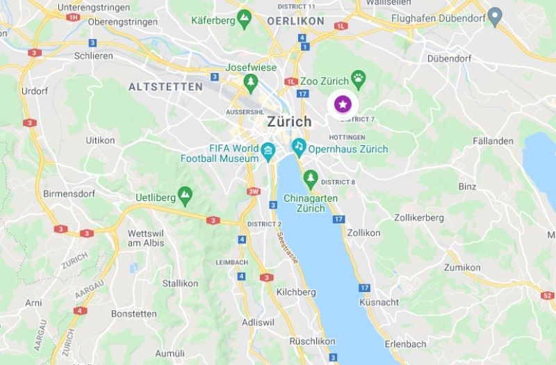 Map showing location of Hotel Sorell Zurichberg.