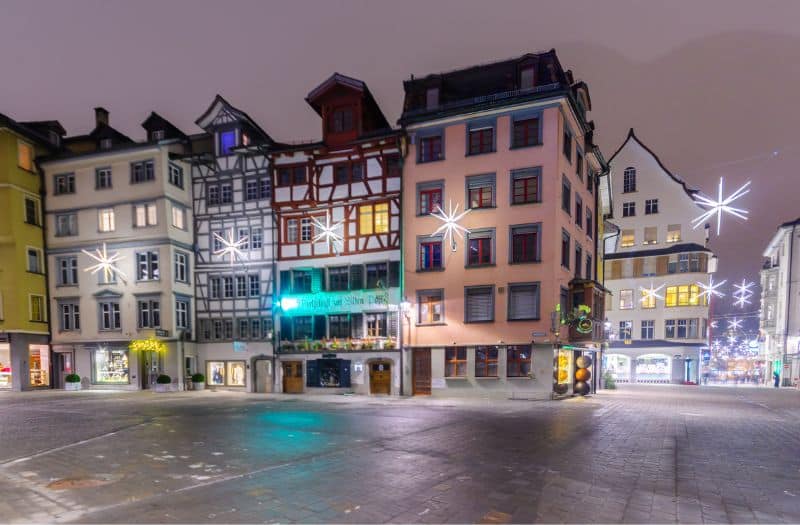 The streets of St. Gallen Old Town are decorated with 700 twinkling lights during the Festive Season.