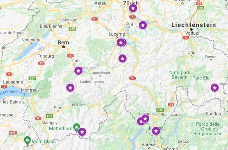 Map of hotels in Switzerland with infinity pools