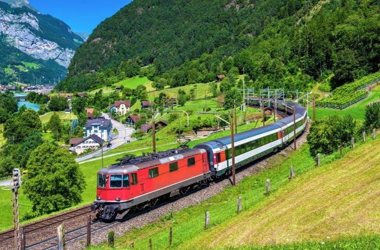 Intercity train on Gotthard railway in Switzerland