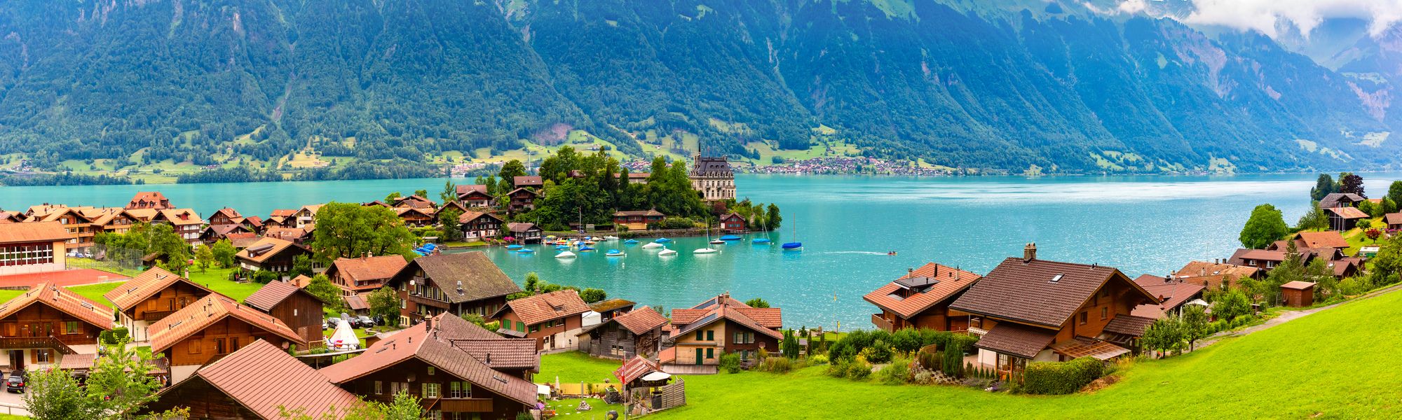 The village of Iseltwald and Lake Brienz in Switzerland