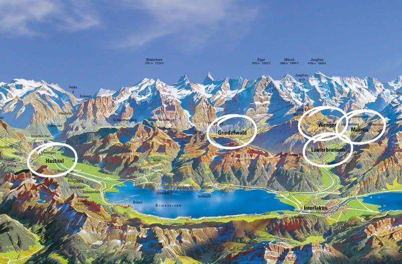 Map showing the location of the five main towns and villages in the Jungfrau Region of Switzerland.