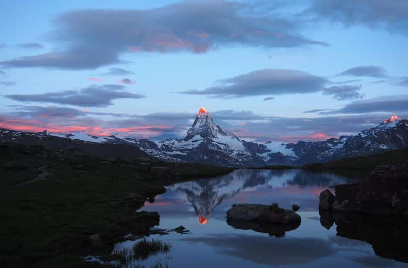 Sunrise reflections of the Matterhorn in Stellisee lake