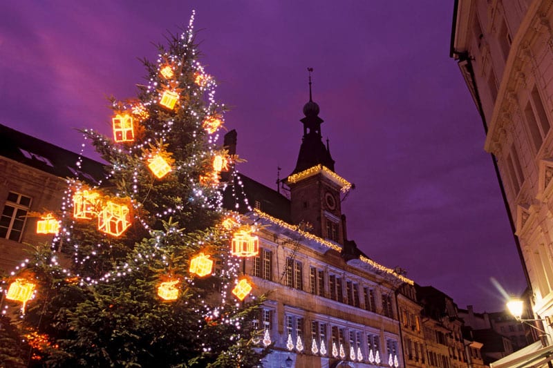 Illuminated lights on a Christmas tree in Lausanne Switzerland