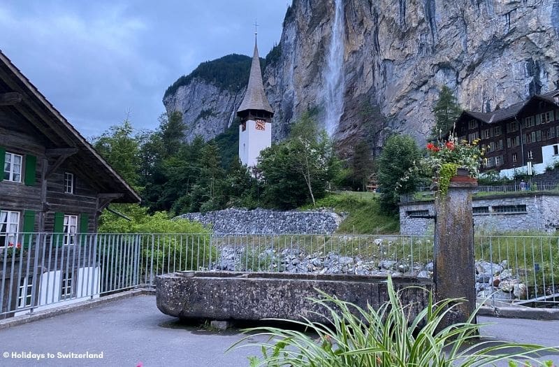 Lauterbrunnen church and Staubbach Falls