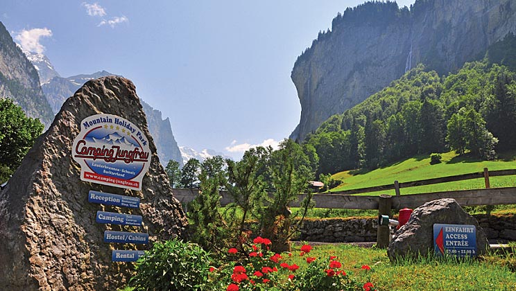 The entrance to Camping Jungfrau in Lauterbrunnen Switzerland