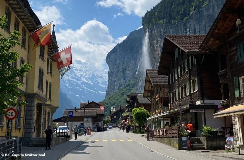 Lauterbrunnen's pretty main street is lined with chalets and has great views to the Staubbach Falls.