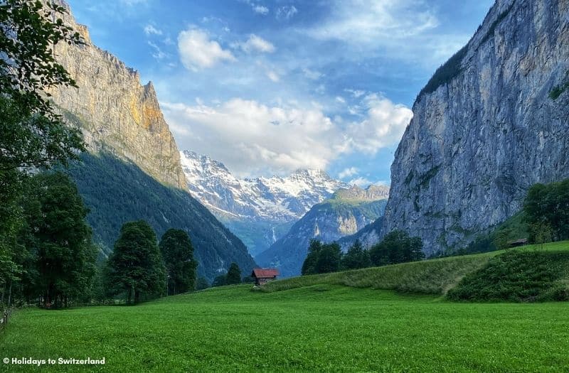 View towards snow capped mountains from Lauterbrunnen Valley