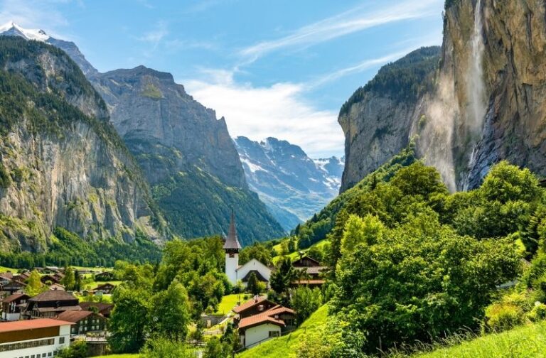 The beautiful village of Lauterbrunnen in the Jungfrau Region of Switzerland