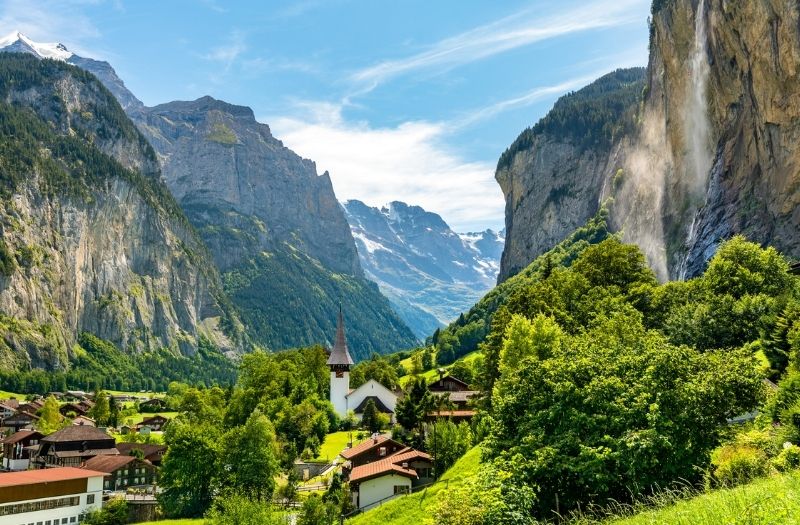 The beautiful village of Lauterbrunnen in the Jungfrau Region of Switzerland