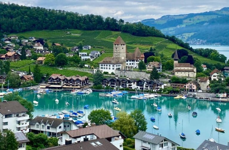 View of Spiez bay and castle