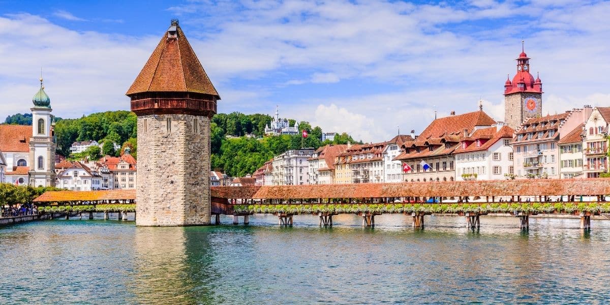 Jesuit Church, Chapel Bridge and Water Tower and skyline of Lucerne, Switzerland