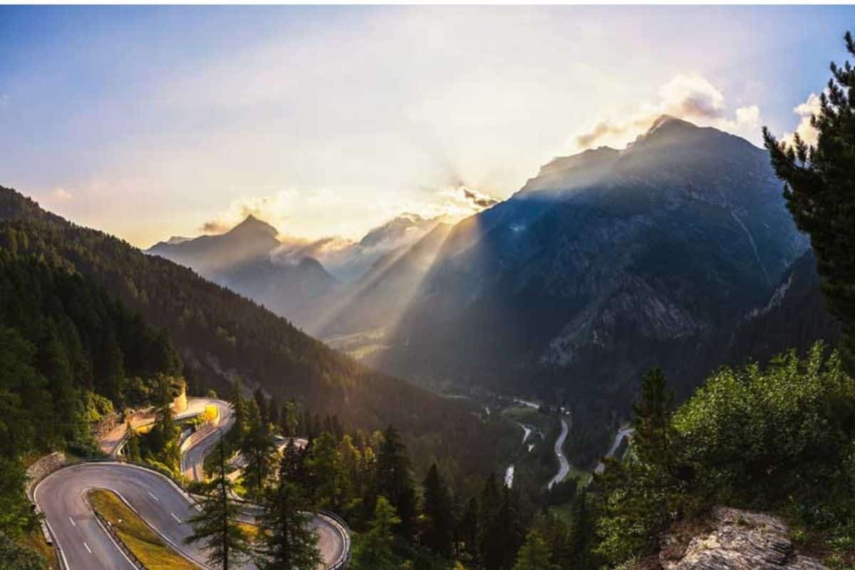 Winding road over the Maloja Pass in Switzerland