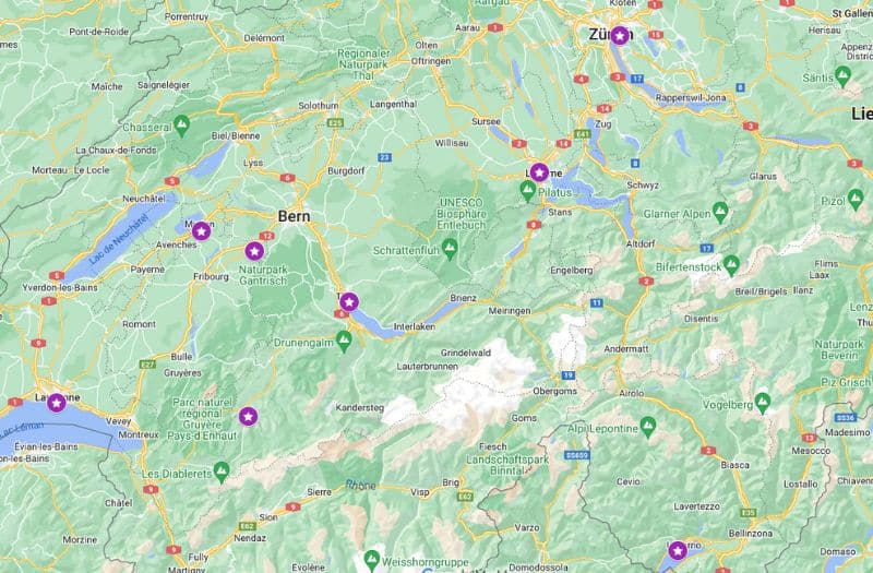 Map showing location of castle hotels in Switzerland featured in this article.