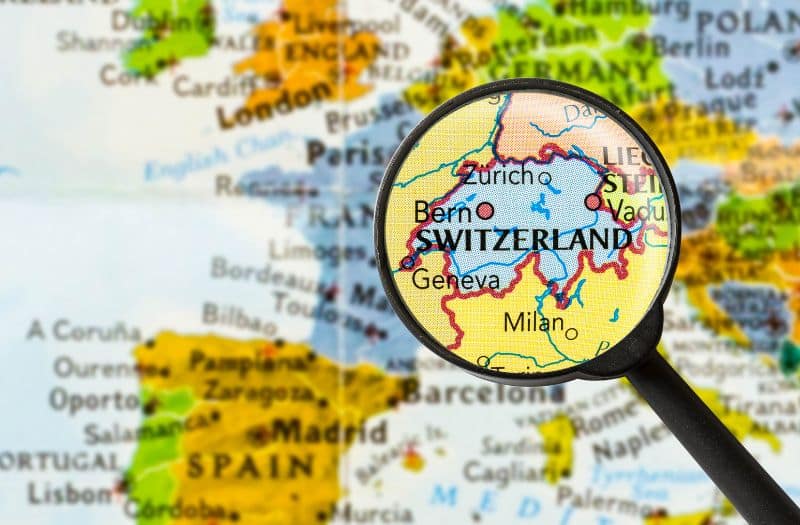 Map of Europe with Switzerland magnified